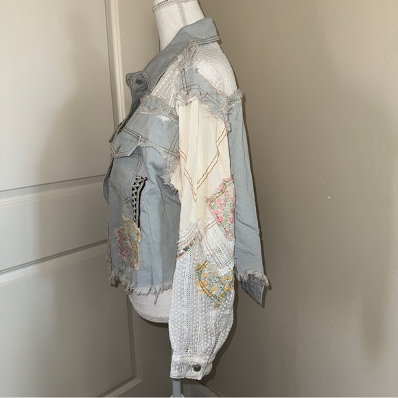 Patchwork Denim and Lace Jacket Distressed Boho Denim Shacket Mixed Floral Lace - Picture 7 of 17